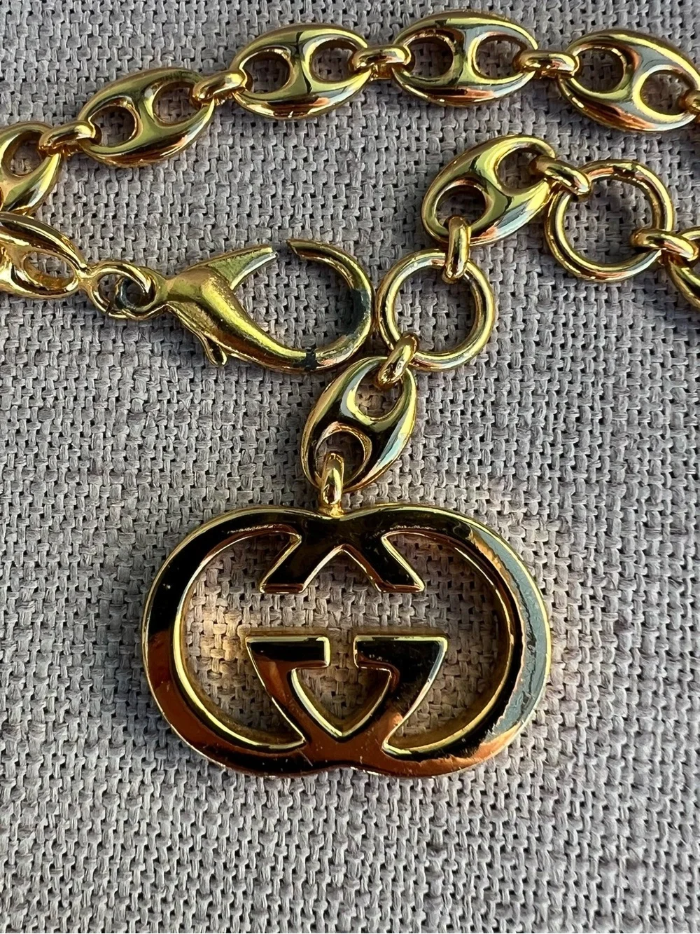 Vintage Rare 1970’s Gucci GG Logo Pendant Mariner Link Chain Belt Gold Plated